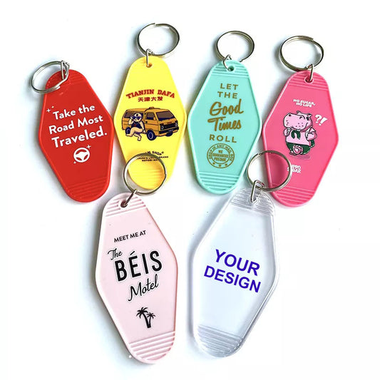 Promotional custom logo vintage motel key chain retro blank acrylic plastic hotel room motel keychain