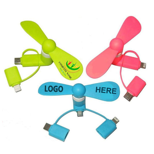 Custom Logo USB Micro Mini Fan 3 in 1 Portable For Android and Iphone Device 